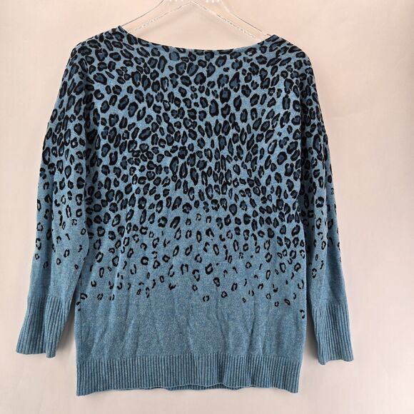 Kinross Cashmere Sweater Womens Small Blue Black Cheetah Animal Print 3/4 Sleeve - Picture 3 of 8